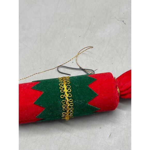 Christmas tree ornament present velvet red green gold trim cylinder 6" READ - Picture 3 of 5
